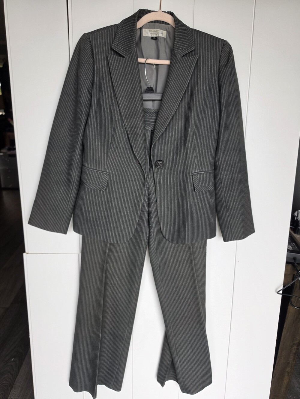 Tahari grey pinstripe suit